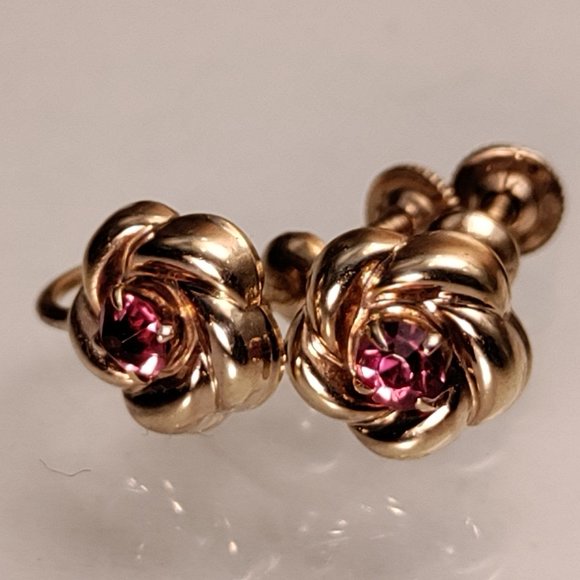 Vintage 10k Yellow Gold Small Flower Pink Paste Rhinestone Screw Back Earrings - Picture 4 of 6